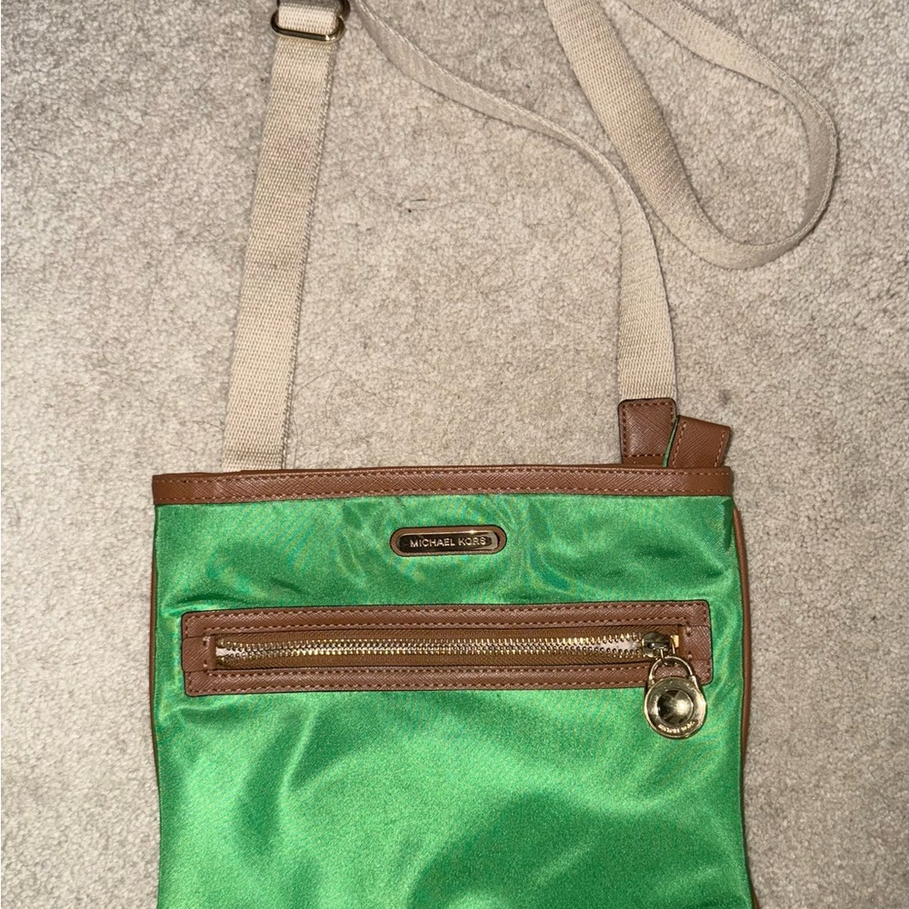 Michael Kors Green and Brown Crossbody Bag with Leather Accents